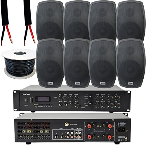 800W LOUD Outdoor Bluetooth Sound System | 8x 140W Black Speaker | 4 Channel / Zone Matrix HiFi Mixer Amplifier Amp Kit | Powerful Wireless Music | Weatherproof Garden Party Event Audio | Echo Alexa