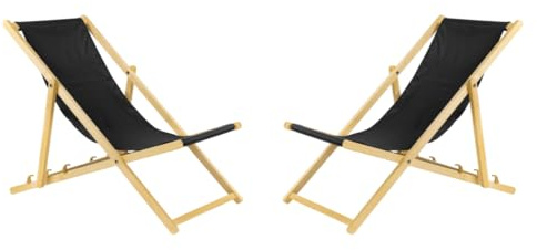 BAS Liegestuhl klappbar aus Holz - 2er Set schwarz Leichte Klappliege - Faltbare & verstellbare Sonnenliege für Garten, Strand & Balkon - Gartenliege mit Atmungsaktiv Stoffbezug - Mischgewebe