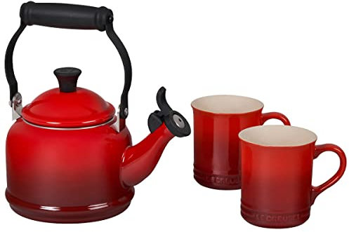 Le Creuset Enamel On Steel Demi Kettle & Stoneware Set of 2 Mugs, 1.25 qt. Kettle & (2) 14 oz. Mugs, Cerise