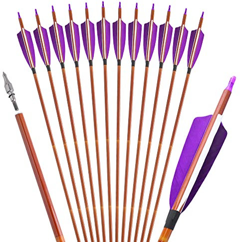 12 Stück 32 Zoll Carbon Pfeile für Bogenschießen Naturfedern Langbogen oder Compoundbögen Carbonpfeile mit Austauschbare (Lila)