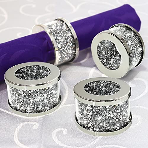 Silver Diamond Glass Napkin Holder, Crystal Silver Rings Set of 4, Stainless Steel Framed, Glam Serviette Buckles, Sparkle Bling Home Decor