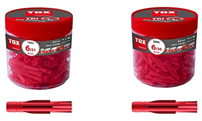 TOX Allzweckdübel Tri 6 x 51 mm in Runddose, Dübel für fast alle Baustoffe, 150 Stück, 010260041 & Allzweckdübel Tri 6 x 36 mm in Runddose, Dübel für fast alle Baustoffe, 200 Stück, 010260031
