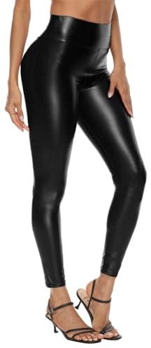 Zhiaek Leggings Cuero Negro Mujer Leggins Polipiel Pantalón Elásticos Cintura Alta Color Negro Nrillante