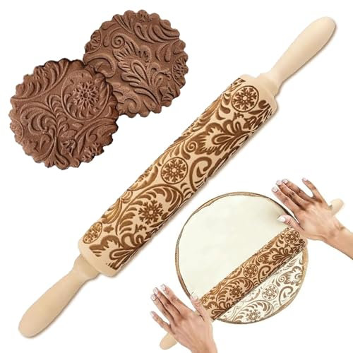 Homefantasy Teigroller Nudelholz mit Muster,Präge Teigrolle aus Holz,3D Holz Nudelholz, Schneeflocke Teigroller Muster,3D Teigroller Muster,Präge Nudelholz Backzubehör,zum Backen von Gebäck,Kuchen
