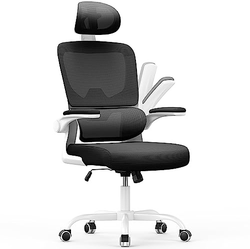 naspaluro Sedia Da Ufficio Ergonomica Con Supporto Lombare Adattativo a Forma Di C, Poggiatesta Regolabile, Braccioli Ribaltabili, Poltrone Ufficio a Rete Traspirante per Scrivania, Casa,Bianco-Nero