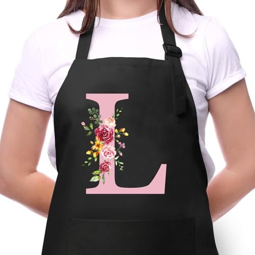 Delantal Cocina Mujer con Inicial y Flores, Delantales Impermeables con Bolsillos, Delantal de Barbacoa Ajustables para Cocina Café Jardinería Hornear, Regalo de Cumpleaños para Mamá Esposa Abuela L