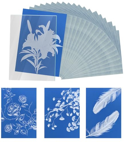32 Hojas A6 Papel de Impresión Solar, 4,8x10,5cm Papel Cianotipo con Panel Acrílico Alta Fotosensible Papel de Dibujo e Impresión de Arte Solar para Manualidades Proyectos Niños Adultos