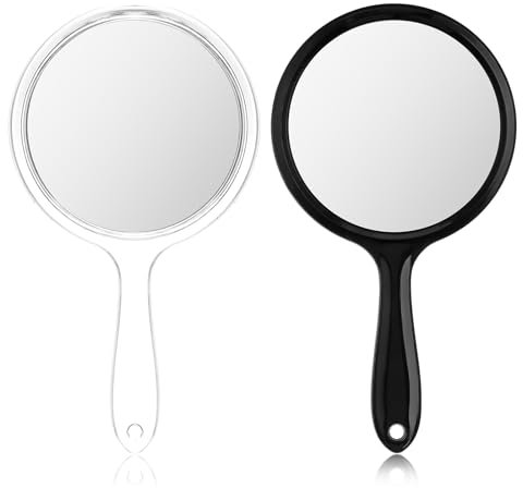 Dimeho 2 Stück Handspiegel mit Griff, Doppelseitig Aufhängbarer Spiegel 1X/3X Vergrößernder Schminkspiegel Runder Acrylspiegel Tragbar Kosmetikspiegel für Make-up Friseur Rasieren Reisen Frauen Männer