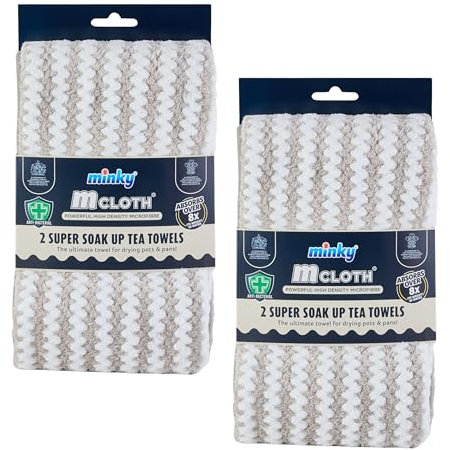 Minky Super Soak Up Tea Towels Grey Pack of 4, Ultra-Absorbent, Powerful High-Density Microfibre, Anti-Bacterial Formulation, Hanging Tag For Easy Storage, Machine Washable