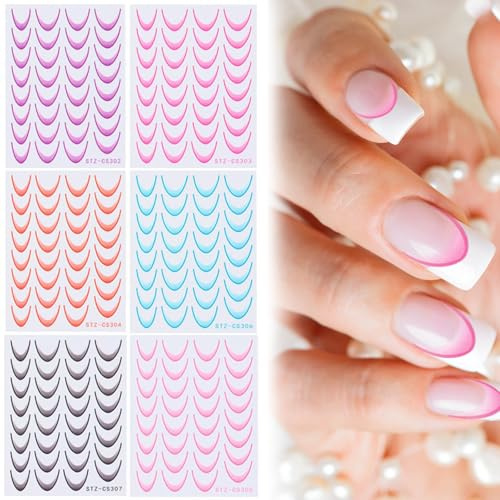 Cosmeria 6 sets Colorful French Line Nail Art Stickers, Film autocollant pour ongles pour French Nails Design, pochoir manucure DIY et stickers pour ongles