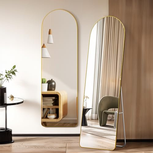 Warmiehomy Large Arched Full Length Mirror, Gold, 160 x 50 cm | Floor Freestanding, Hanging or Leaning Long Mirror, Aluminium Alloy Frame, Ideal for Bedrooms, Dressing Rooms and Hallways