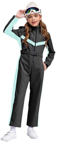 Runhomal Schneeanzug Kinder Mädchen Skianzug Verdickt Skioverall mit Gürtel Kapuzenschneeoverall Wasserdicht Winter Warme Thermo Schneeanzüge Schwarz 158-164
