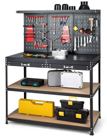 GOPLUS Arbetsbänk med hålvägg, arbetsbord av metall med 225 kg/345 kg lastkapacitet, arbetsbord tung belastning för verkstad, garage och lager (svart, L)