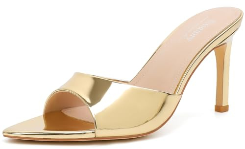 Susanny Gold Mule Heels for Women Pointed Open Toe Sexy Slip on High Heeled Sandals Stiletto Dress Comfortable Backless Mules Shoes Wedding Bridal Parties Vacation Casual Office Work Shoes 7
