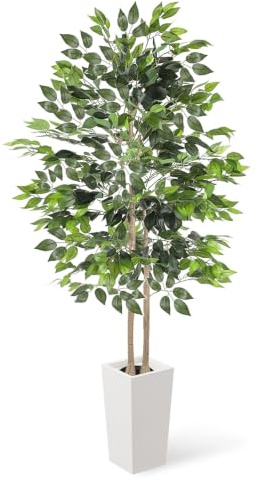 YOLEO 5.5FT Artificial Ficus Tree with White Tall Pot Indoor | Lifelike Faux Silk Tree for Homes & Offices Decor 170cm