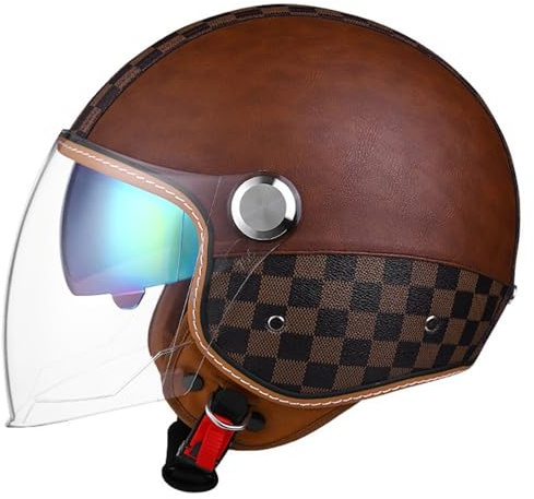 Retro Jethelm 3/4 mit Doppelvisier, Motorradhelm DOT/ECE Zertifiziert für Herren und Damen - Ideal für Moped, Mofa, Scooter und Roller, Halbschalenhelm
