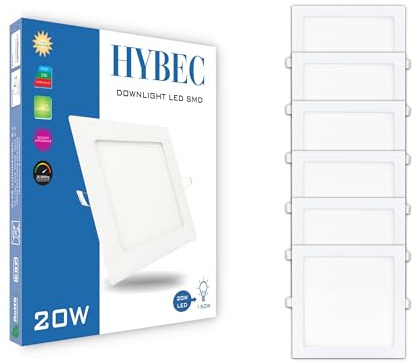 HYBEC - Spot LED Carré Encastrable, Downlight Chambre, Bureau Blanc, Salle de Bain, Luminaire 20W (Pack de 6)