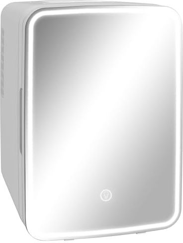 HOMCOM Nevera Cosméticos 10L, Nevera Pequeña Extrasilenciosa, 12V/240V para Enfriar y Calentar, Espejo con Luces LED Regulable, para Dormitorio, Oficina, Maquillaje, Bebidas, 23,5x28x34 cm, Blanco