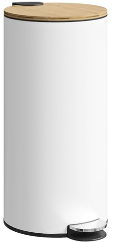 HOMCOM Cubo de Basura Cocina con Pedal, 30L, Papelera de Cocina Metálico con Tapa de Cierre Suave y Cubo Extraíble, para Dormitorio, Oficina, Estudio y Salón, 36x30x60,5 cm, Blanco y Madera Natural