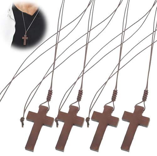 CHENNAN 4 delar kors träkorshalsband, handgjort trähalsband med korshänge, med dragsko, kan bäras av män och kvinnor, för religiös gemenskap, dop (brun B)