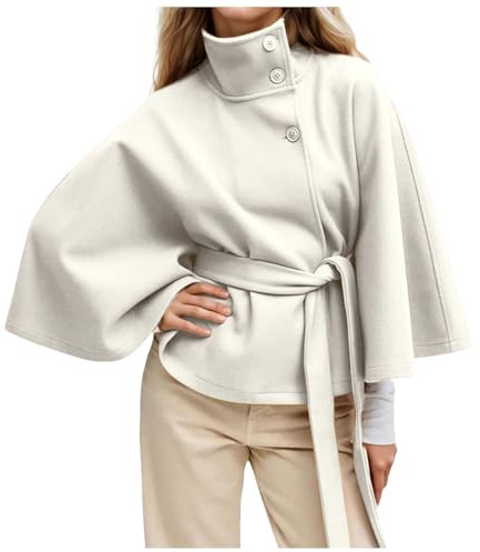 Duohropke Giacca corta di lana da donna cappotto colletto alto trench con cintura maniche a pipistrello poncho mantello elegante giacca invernale cropped cappotto classico pavone capispalla