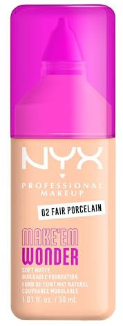 NYX Professional Makeup Fondotinta Soft Matte, Coprenza Modulabile, Tenuta Fino a 24H, Formula Arricchita con Acido Ialuronico, Guaranà e Vitamina C, Make Em Wonder Foundation, Fair Porcelain, 30 ml