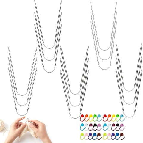 Nhgkju 15 stycken rundstickor set, rostfritt stål sticknålar för strumpor pullover halsdukar hattärmar, 2 mm/2,5 mm/3,5 mm/4 mm, med 30 fixeringspennor, för pullover halsdukar hattar