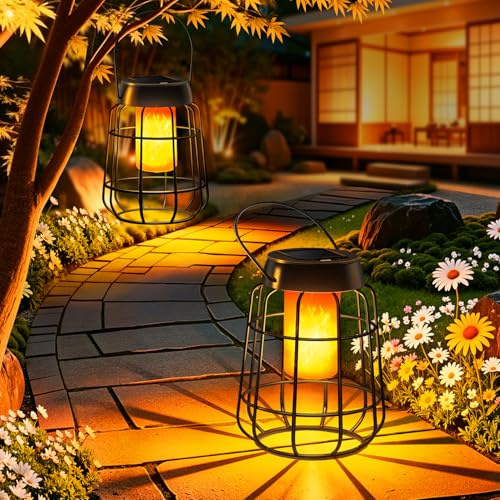 2 lanterne solari con effetto fiamma reale per esterni, IP65, impermeabili, per giardino, balcone, terrazza e cortile con sensore crepuscolare automatico, decorazione da giardino, Senza gancio e base