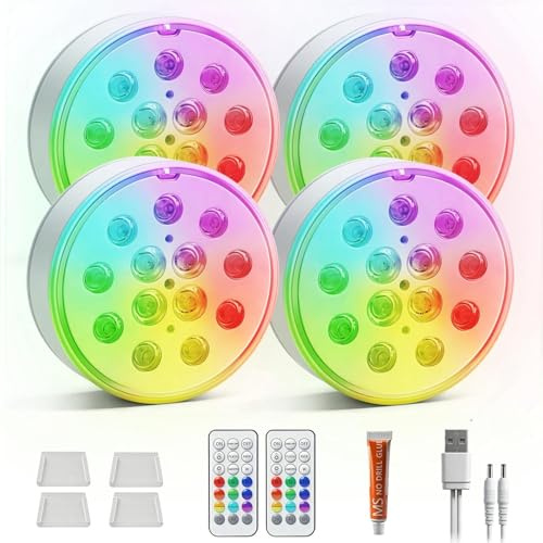 4pcs Ricaricabile Luci Piscina Sommergibili, 16 colori,13 LED, IP68 Impermeabile Luce LED Subacquee RGB con telecomando, USB led Illuminazione Esterno per Stagno Giardino Spa Vasca Acquario Festa