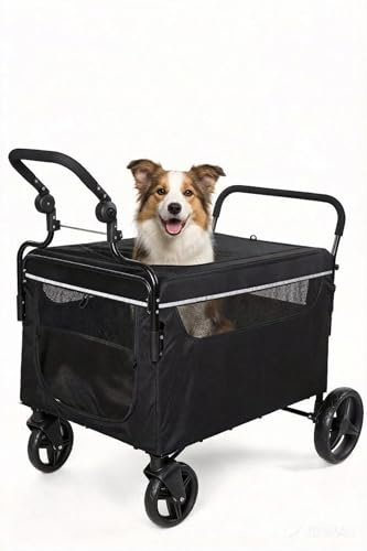 Remolque para perros plegable, carrito para perros de hasta 70 kg, freno de un paso, carro de empuje para mascotas con rampa, adecuado para camping y paseos al aire libre