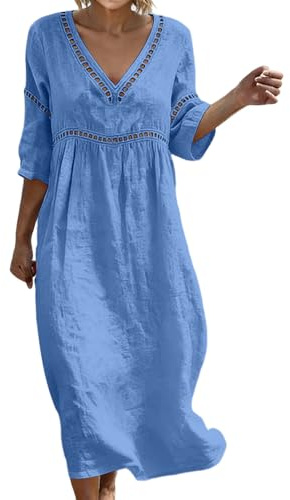 Générique Robe Coton Lin pour Femme Été Fluide Manche 7/8 Chic et Elegant Robes Col V Décontractée Grande Taille Robes Couleur Unie Respirant D'été Boheme de Plage Vacances Maxi Dress