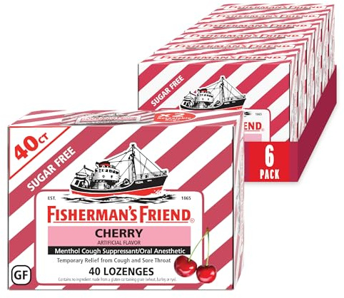 Fisherman's Friend Sugar Free Cherry Flavored Cough Lozenges (40 Drops x 6-Pack), 6.9mg Natural Menthol, Cooling Relief from Sore Throat, Persistent Cough & Everyday Irritation, Vegan & Gluten-Free