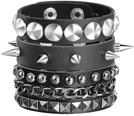 MILAKOO 3 Stk. schwarzes Leder Punk Rock Armband Herren verstellbarem Nietenarmband Damen