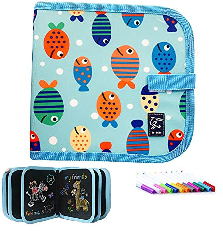 Colouring Malbuch ​für Kinder Wiederverwendbar, Zeichenbrett Aabwischbar Ttragbar mit 12 Farbstiften，14 Seiten