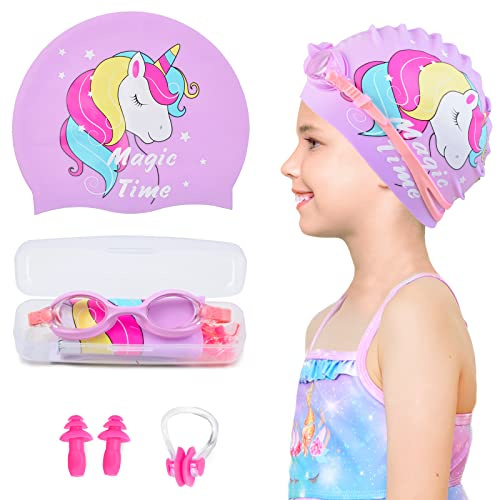 Kids Swim Caps for Girls (Age 2-6), Durable Waterproof Silicone Swimming Cap for Short Hair with Swimming Goggles, Ear Plug and Nose Clip
