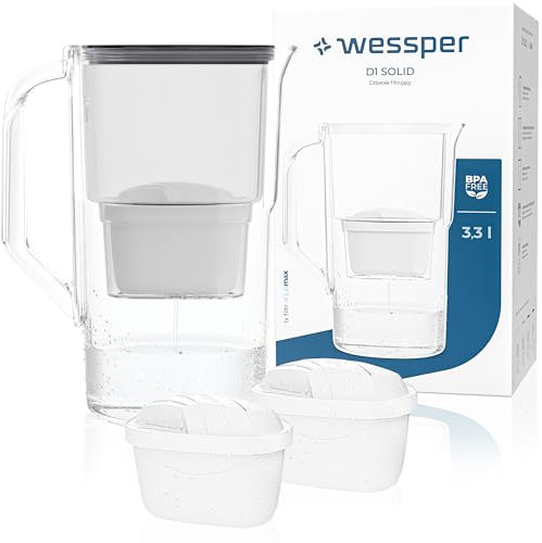 Wessper Jarra Filtradora de Agua de 2,8 Litros, Juego de Jarra y 2 Filtros Compatibles con Brita Maxtra, Sistema de Filtro Agua, Reducción de cal y Cloro - Negro