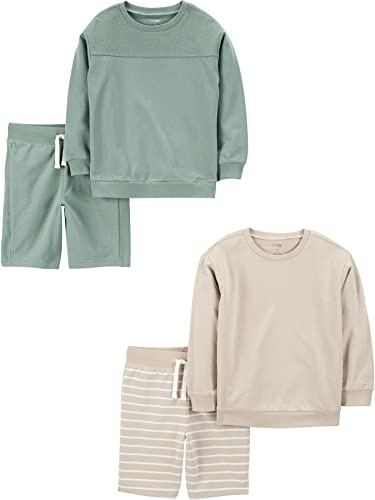 Simple Joys by Carter's 4-Piece French Terry Long-Sleeve Shirts And Shorts Playwear Set Gioco, Beige Righe/Verde Bottiglia, 8 Anni (Pacco da 4) Bambino-Ragazzi