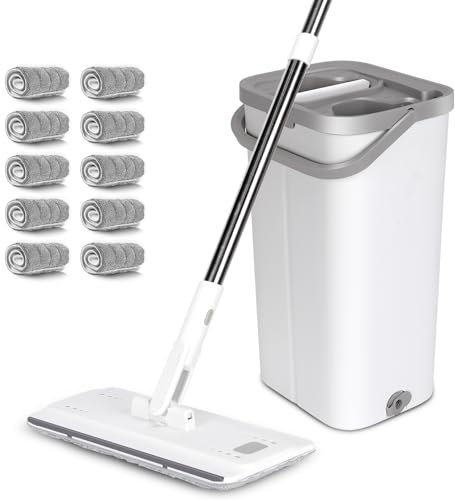 MASTERTOP Balai Microfibre et Seau Essoreur, Serpillière Rotative 360° et Seau à 2 Compartiments, Vadrouille de Mains Libre pour Nettoyage de Sol avec 5 Tampons Réutilisables (Blanc)