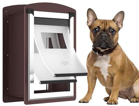 ALUMANI Pet Door for Wall, Doggie door with Steel Frame and 2 Magnetic Flaps, Double Sliding Panels Dog Door, Extra Long Telescoping Tunnel for Internal and External Wall, Medium, Coffee