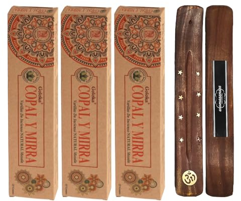 Aromasenses | 3 Lådor Goloka Organisk Copal och Myrra + 1 aromatiska Rökelsehållare | 100 % naturlig Masala-rökelse | Ekologisk | Avkoppling | Meditation | Yoga