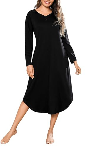 Bresdk Camisón Mujer Algodón Invierno Camisones de Manga Larga Cuello en V con Botones Ropa de Dormi Ligero y Suave para Hogar Negro L