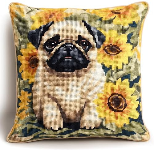 WallustrioaW cane animale 11CT Kit cuscino a punto croce,Carlino e girasole,Prestampato Cuscino da Tiro Fai da Te Ricamato,45X45cm Kit per Ricamo Decorativo Casa per Principianti Adulti