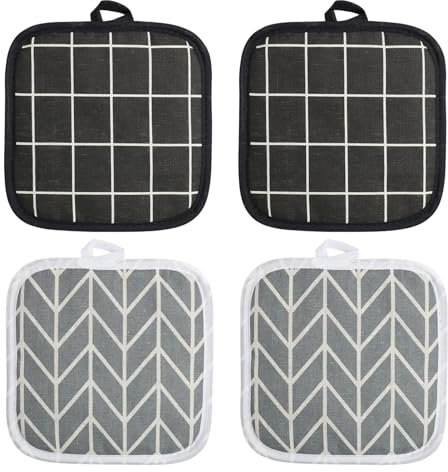 4 Pezzi Presine da Cucina in Cotone, Presine per Pentole in Cotone, Presine da Cucina, 18x18 cm, Resistenti al Calore fino a 100°C, per Cucinare e Servire, Design Elegante in Nero e Grigio
