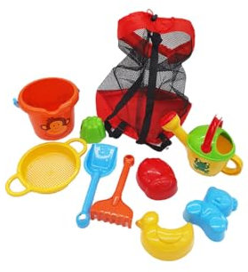 GOWI Sandspielzeug Set mit Strandtasche, 9-teilig, Eimer, Gießkanne, Sieb, Schaufel 22cm, Rechen 19cm, 4 Sandformen