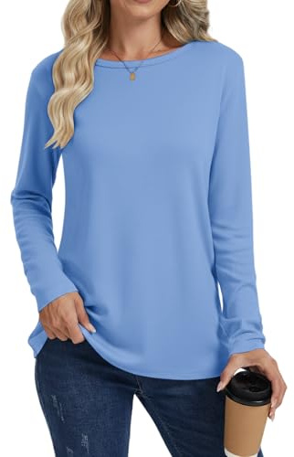 Cuptacc Longsleeve Damen Crew Neck Shirts Damen Herbst Women's T-Shirts Schlafanzug Oberteil Langarm Top Himmelblau XL 46-48