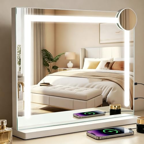 Mursche Makeup Mirror with Lighting, 58 x 60 cm, Vanity Mirror with Light | Touch Dimmable LED 3 Color Light Modes, 5x Magnifying Mirror, USB Port, Vanity Mirror for Bedroom