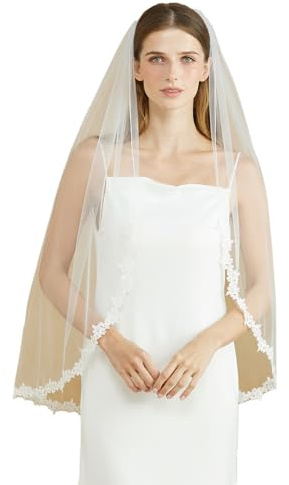 BEAUTELICATE Velo da sposa in tulle morbido da sposa in pizzo per matrimonio, velo monostrato con pettine in metallo bianco avorio, avorio, Fingerspitzen