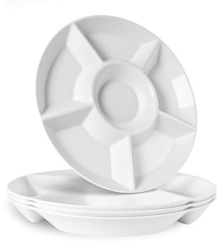 greenandlife 4 Pack Round Serving Trays, 12.4 Divided Serving Platters with 6 Compartments, Reusable Plastic Trays for Party, Veggies, Snacks, Candy and Fruit White