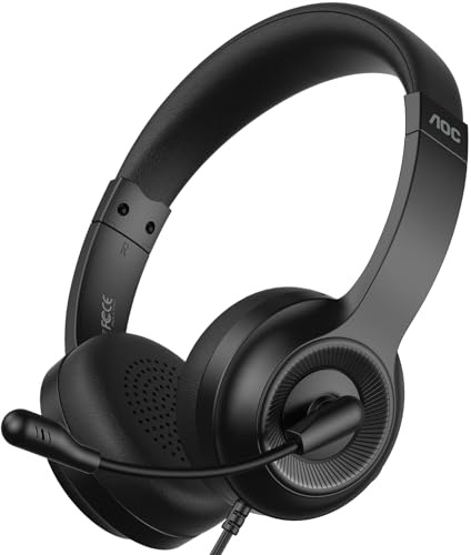 AOC USB Headset with Microphone, On-Ear Wired Headphones with Microphone, Noise-Cancelling, 40mm Audio Drivers, Headset for PC Computer Laptop Desktop Home Office Call Centers Teams Zoom (Dark Black)