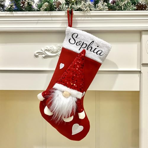 2025Personalized Christmas Stockings, Custom Name Embroidered, Grey and Red Holiday Decorations with Santa Design, 46 * 29cm Cotton, Reusable Santa Claus (red), big